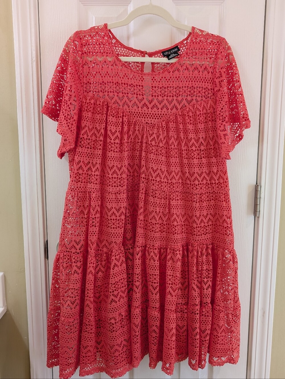City Chic Pink Crochet Tiered Flutter Dress